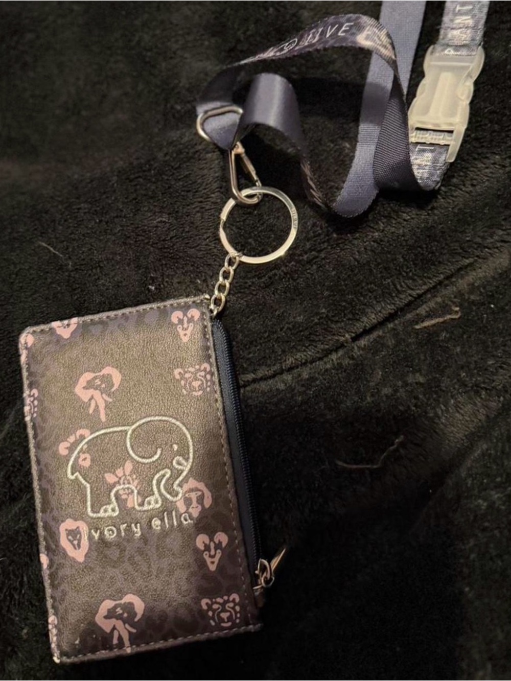ivory ella Black Card Holder with Pink Elephant Print and Lanyard